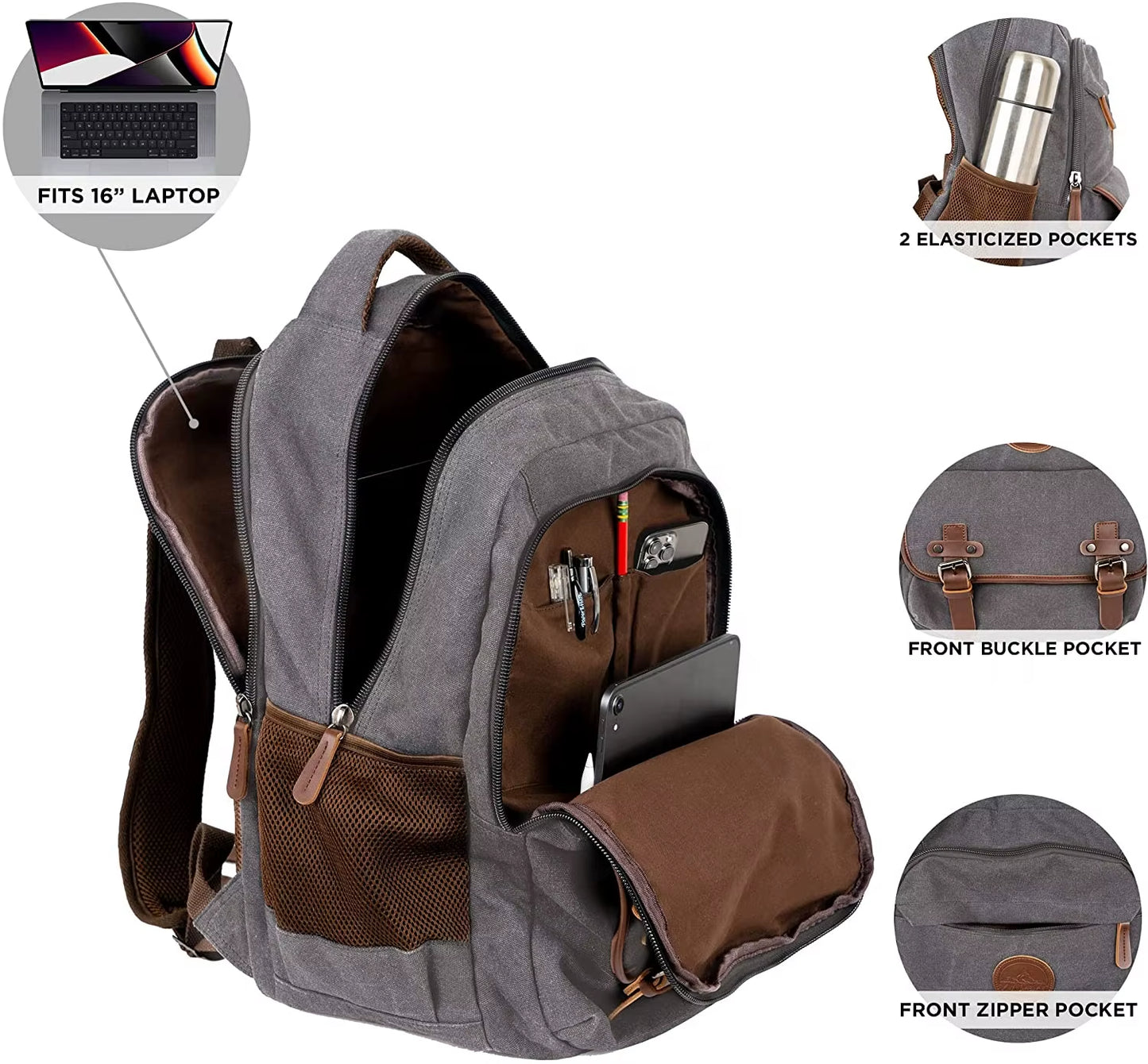 Canvas Laptop Backpack for School Hiking Work Cotton Sleeve Durable Backpack for Men Women