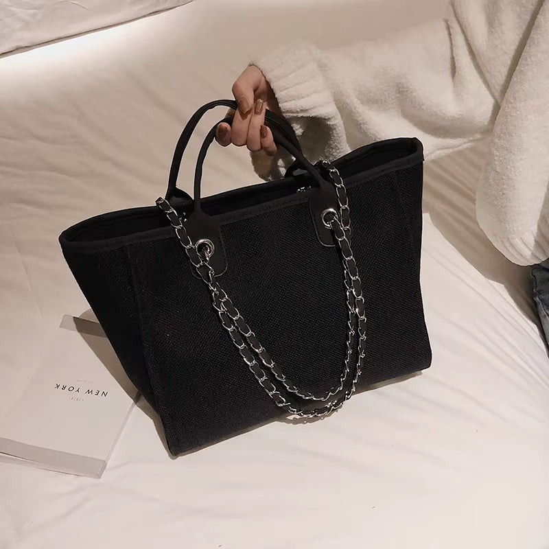 Women Tote Bags Fashion Canvas Large Capacity Handbag Casual Chains Shoulder Bags Ladies Big Messenger Bag Shopping Bag