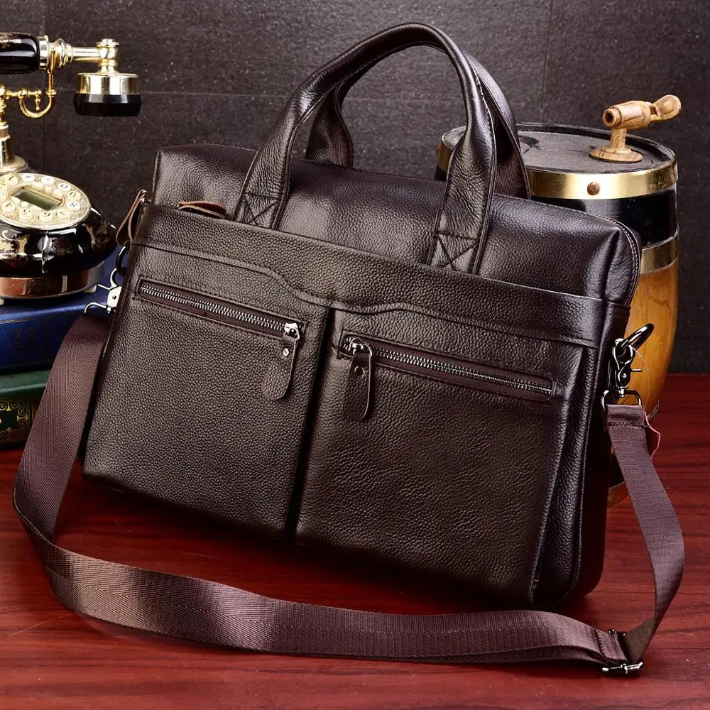 Black Men Genuine Leather Handbags Large Leather 14" Laptop Messenger Bags Business Men'S Travel Bags Shoulder Bags Briefcase