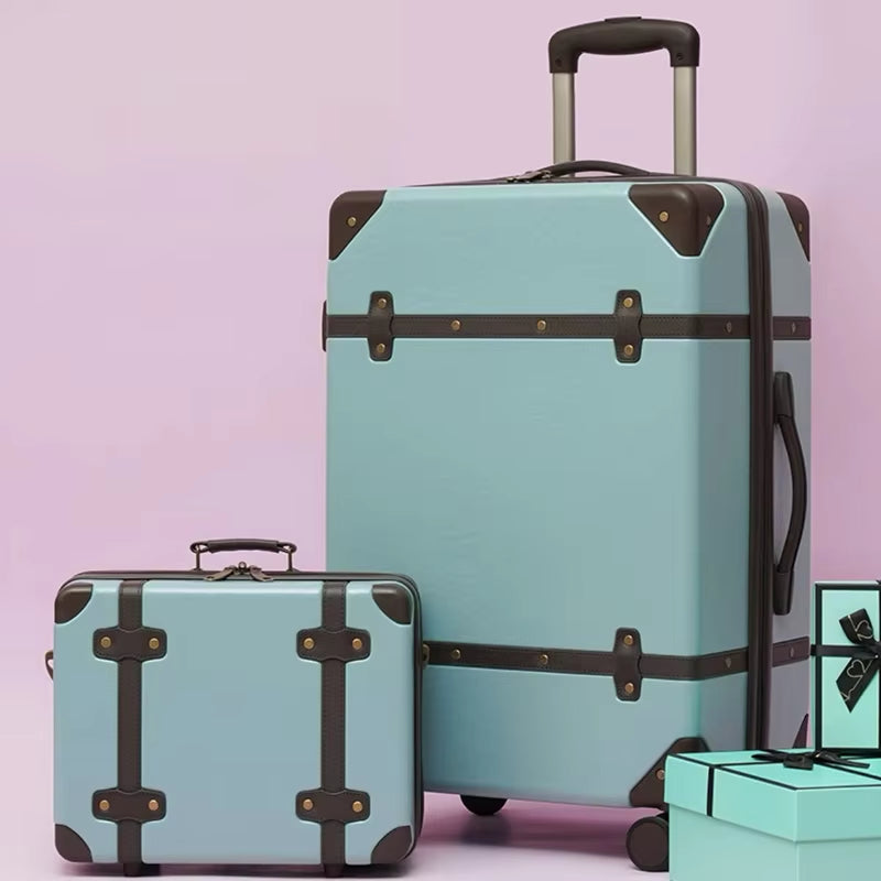 2PCS/SET Vintage PU Leather Travel Luggage,20"24"28 Inch Women Large Capacity Trolley Suitcases on Universal Wheel