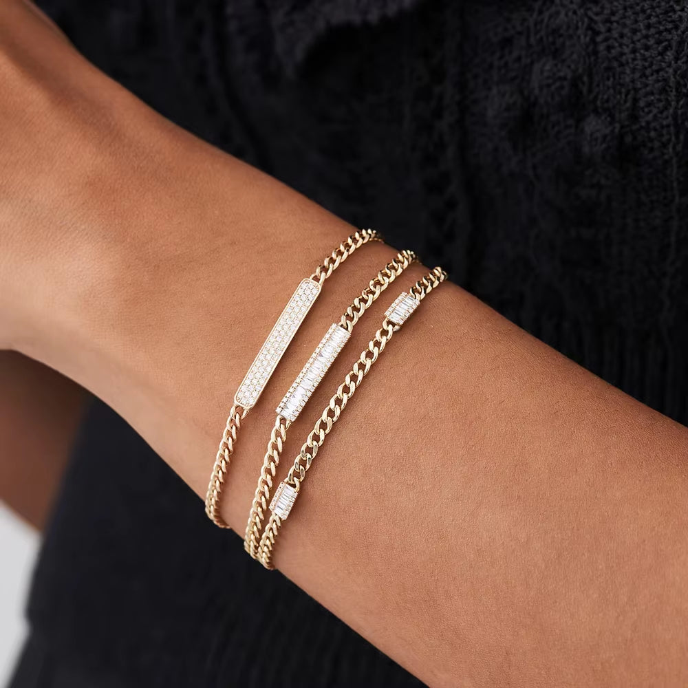"925 Sterling Silver Moissanite Bracelet 1.96Ct Baguette and round Cut 14K Gold Plated Curb Link Chain Jewelry for Women"