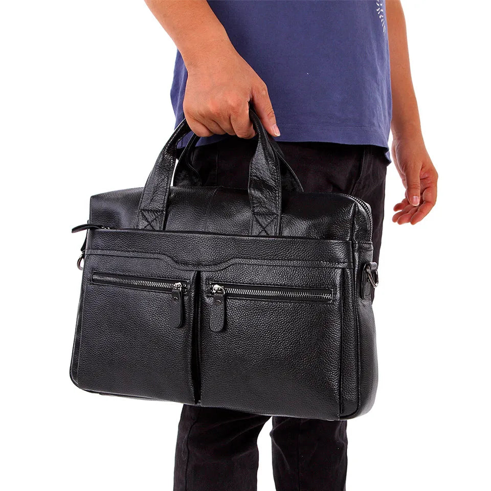 Black Men Genuine Leather Handbags Large Leather 14" Laptop Messenger Bags Business Men'S Travel Bags Shoulder Bags Briefcase