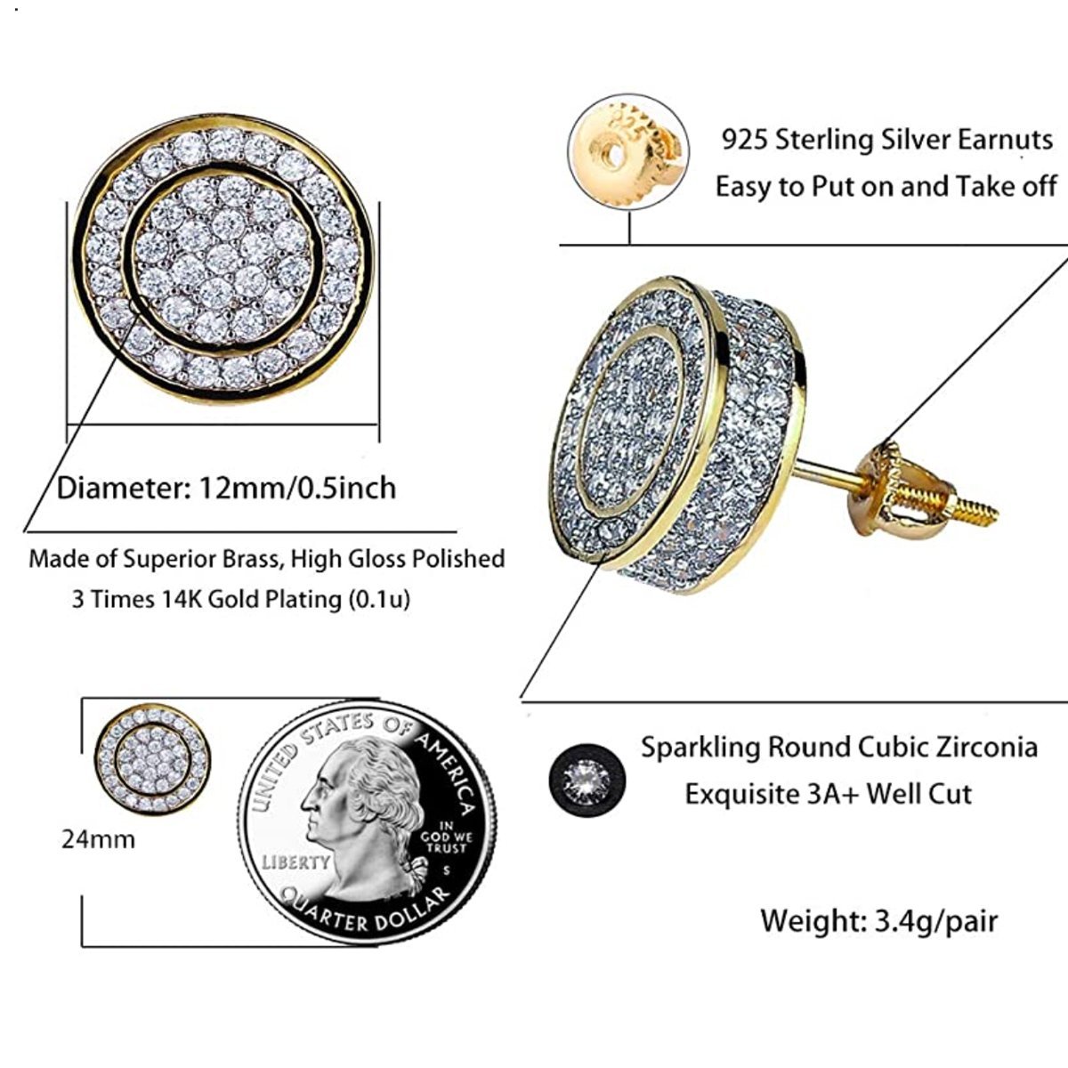 925 Sterling Silver CZ Hypoallergenic Round Earrings
