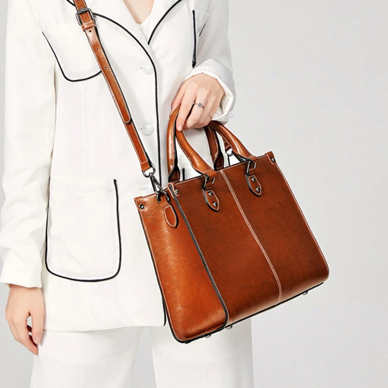 Genuine Leather Women Handbag Shoulder Cross Body Tote Bag Shopping Fashion Office Female Real Cowhide Messenger Top Handle Bags