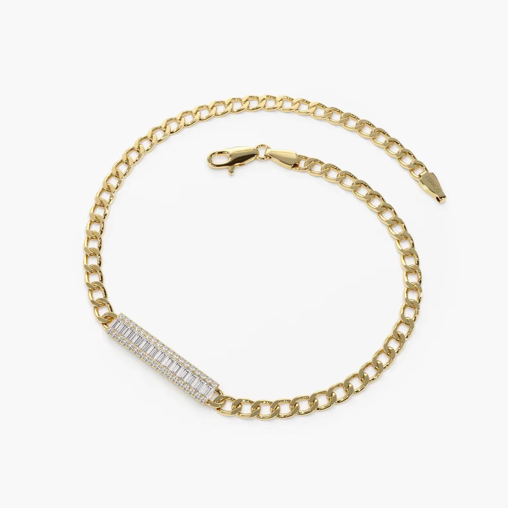 "925 Sterling Silver Moissanite Bracelet 1.96Ct Baguette and round Cut 14K Gold Plated Curb Link Chain Jewelry for Women"