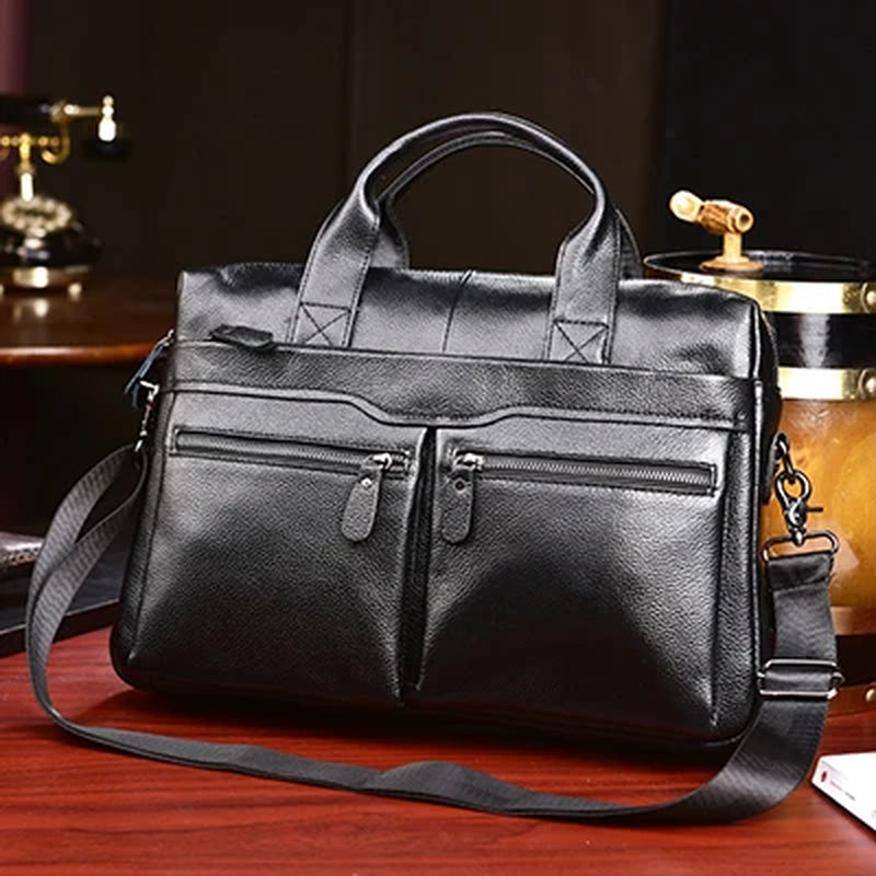 Black Men Genuine Leather Handbags Large Leather 14" Laptop Messenger Bags Business Men'S Travel Bags Shoulder Bags Briefcase