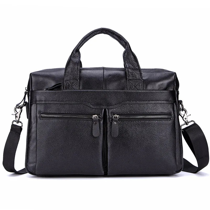 Black Men Genuine Leather Handbags Large Leather 14" Laptop Messenger Bags Business Men'S Travel Bags Shoulder Bags Briefcase