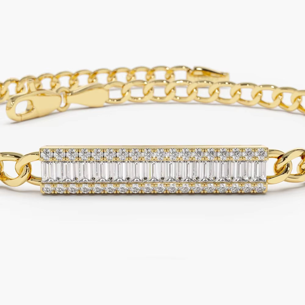 "925 Sterling Silver Moissanite Bracelet 1.96Ct Baguette and round Cut 14K Gold Plated Curb Link Chain Jewelry for Women"