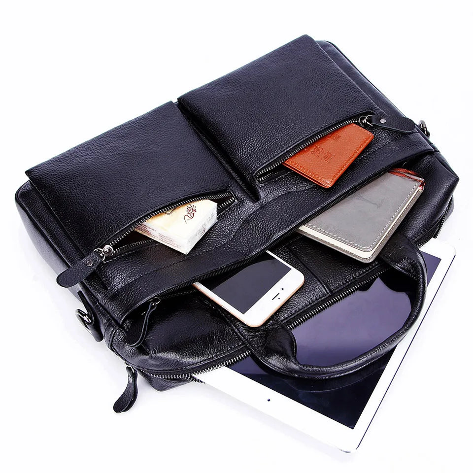 Black Men Genuine Leather Handbags Large Leather 14" Laptop Messenger Bags Business Men'S Travel Bags Shoulder Bags Briefcase