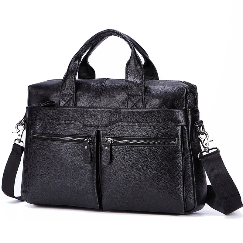 Black Men Genuine Leather Handbags Large Leather 14" Laptop Messenger Bags Business Men'S Travel Bags Shoulder Bags Briefcase