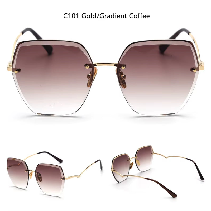 Vintage Rimless Cut Edge Sunglasses Brand Designer Luxury Black Shades Metal Frame Big Gradient Square Sunglasses UV400 Oculos