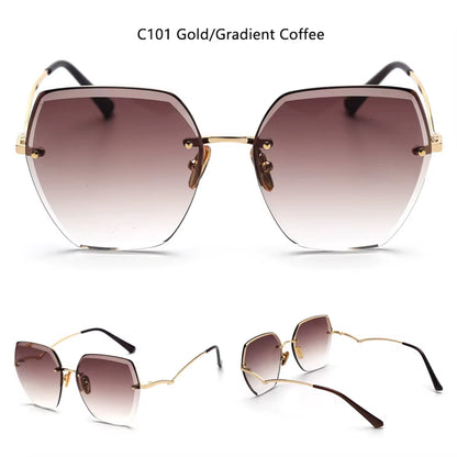 Vintage Rimless Cut Edge Sunglasses Brand Designer Luxury Black Shades Metal Frame Big Gradient Square Sunglasses UV400 Oculos