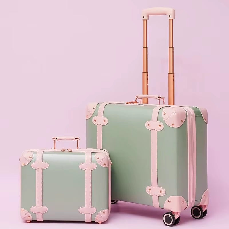 New Fashion PU Leather Travel Bag Rolling Luggage Sets,14"16"18"Inch Women Retro Trolley Suitcase Universal Wheels Boarding Box
