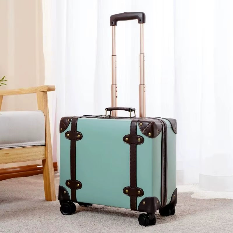 New Fashion PU Leather Travel Bag Rolling Luggage Sets,14"16"18"Inch Women Retro Trolley Suitcase Universal Wheels Boarding Box