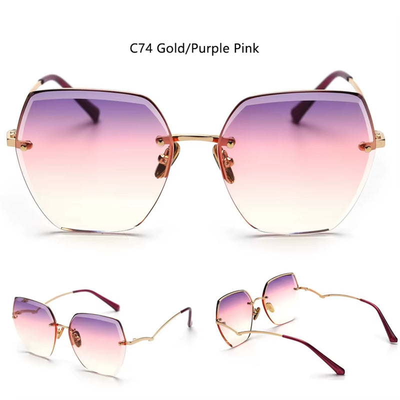 Vintage Rimless Cut Edge Sunglasses Brand Designer Luxury Black Shades Metal Frame Big Gradient Square Sunglasses UV400 Oculos