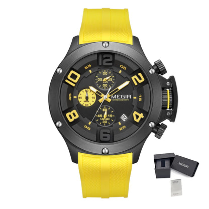 MEGIR Relogio Masculino Luxury Quartz Watch for Men Yellow Silicone Strap Military Sport WristWatch Chronograph with Auto Date 8115