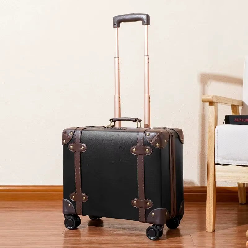 New Fashion PU Leather Travel Bag Rolling Luggage Sets,14"16"18"Inch Women Retro Trolley Suitcase Universal Wheels Boarding Box