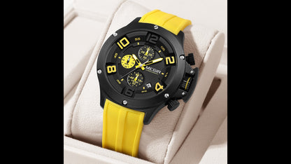 MEGIR Relogio Masculino Luxury Quartz Watch for Men Yellow Silicone Strap Military Sport WristWatch Chronograph with Auto Date 8115