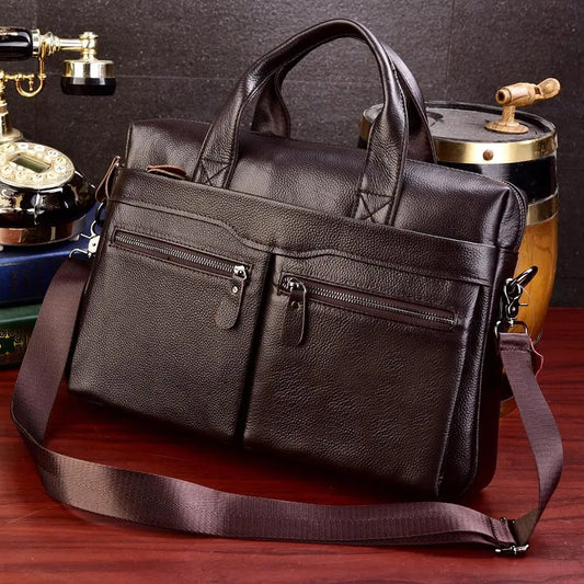 Black Men Genuine Leather Handbags Large Leather 14" Laptop Messenger Bags Business Men'S Travel Bags Shoulder Bags Briefcase
