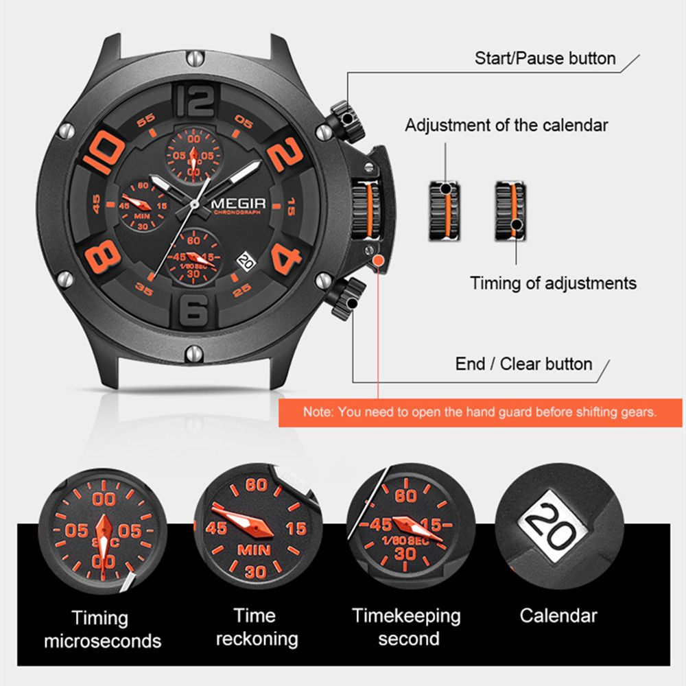 MEGIR Relogio Masculino Luxury Quartz Watch for Men Yellow Silicone Strap Military Sport WristWatch Chronograph with Auto Date 8115