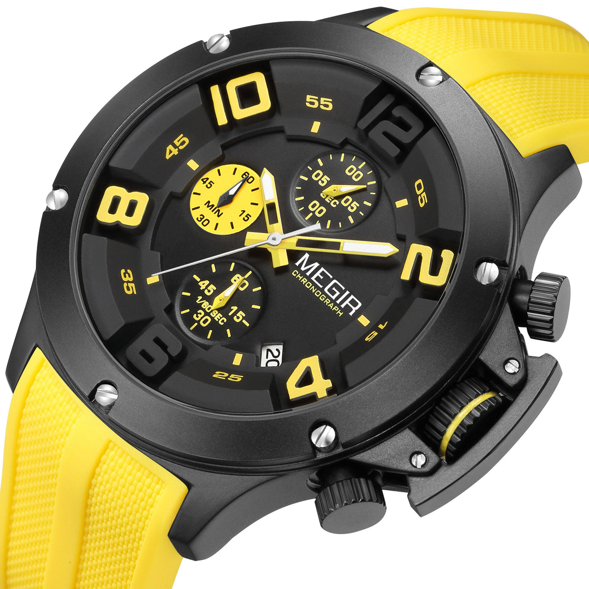 MEGIR Relogio Masculino Luxury Quartz Watch for Men Yellow Silicone Strap Military Sport WristWatch Chronograph with Auto Date 8115