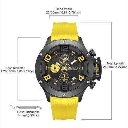 MEGIR Relogio Masculino Luxury Quartz Watch for Men Yellow Silicone Strap Military Sport WristWatch Chronograph with Auto Date 8115