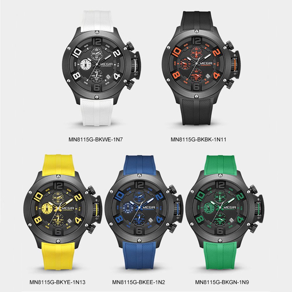 MEGIR Relogio Masculino Luxury Quartz Watch for Men Yellow Silicone Strap Military Sport WristWatch Chronograph with Auto Date 8115