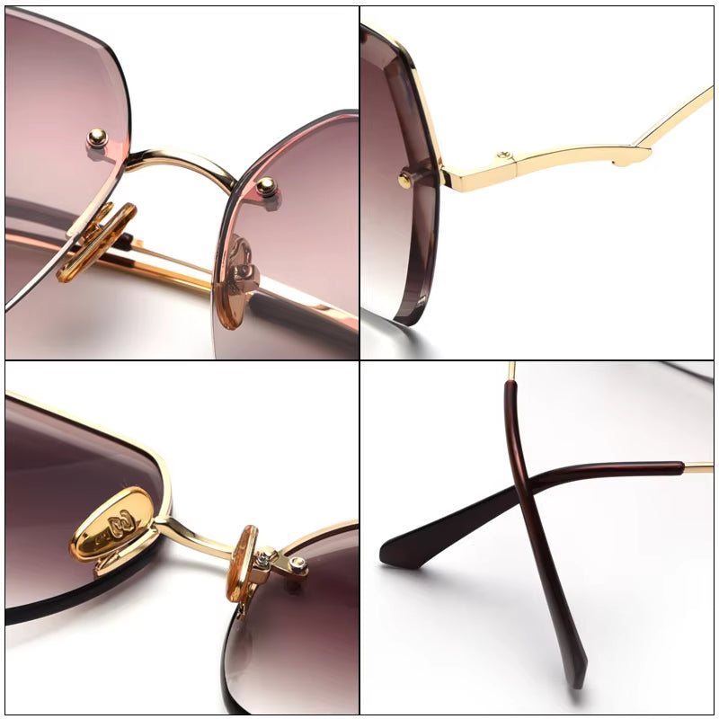 Vintage Rimless Cut Edge Sunglasses Brand Designer Luxury Black Shades Metal Frame Big Gradient Square Sunglasses UV400 Oculos