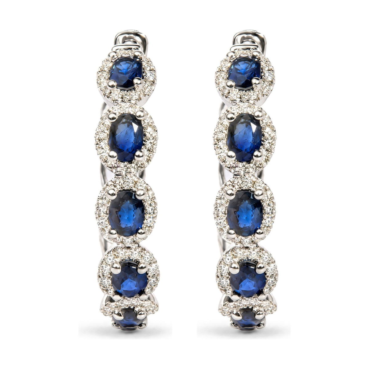 14K White Gold 1/2 Cttw Diamond and Oval Blue Sapphire Halo Hoop Earrings