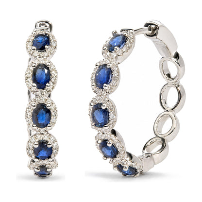 14K White Gold 1/2 Cttw Diamond and Oval Blue Sapphire Halo Hoop Earrings