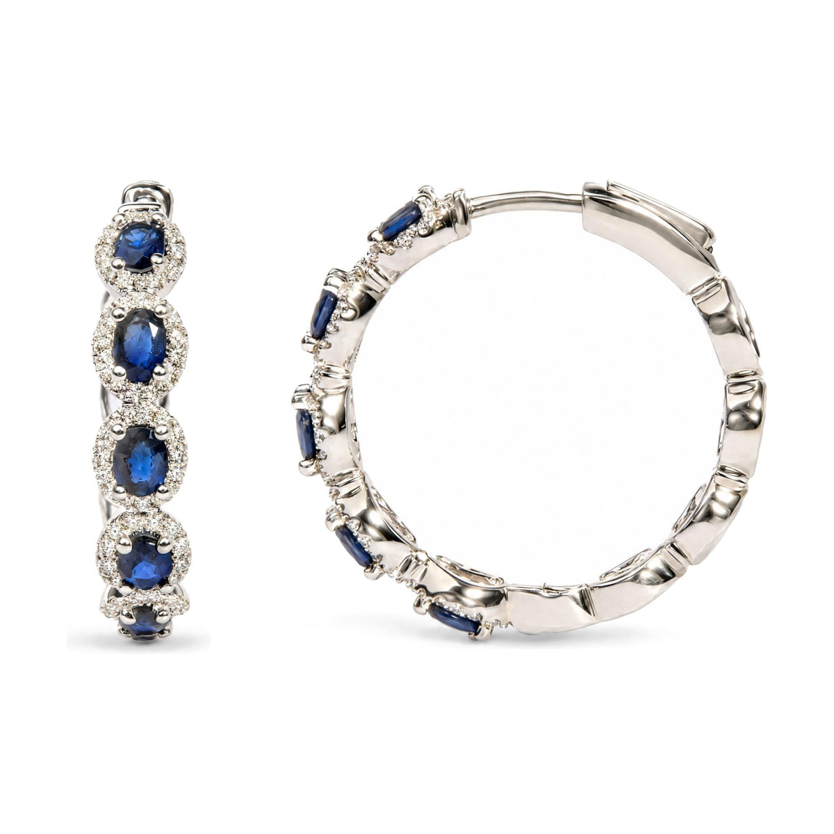 14K White Gold 1/2 Cttw Diamond and Oval Blue Sapphire Halo Hoop Earrings