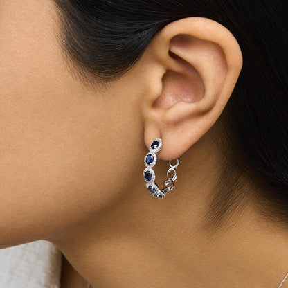 14K White Gold 1/2 Cttw Diamond and Oval Blue Sapphire Halo Hoop Earrings
