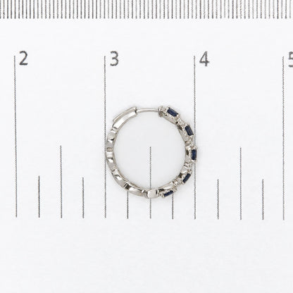14K White Gold 1/2 Cttw Diamond and Oval Blue Sapphire Halo Hoop Earrings