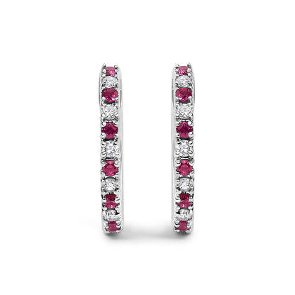 10K Gold Alternating Diamond and Red Ruby Huggy Hoop Earrings