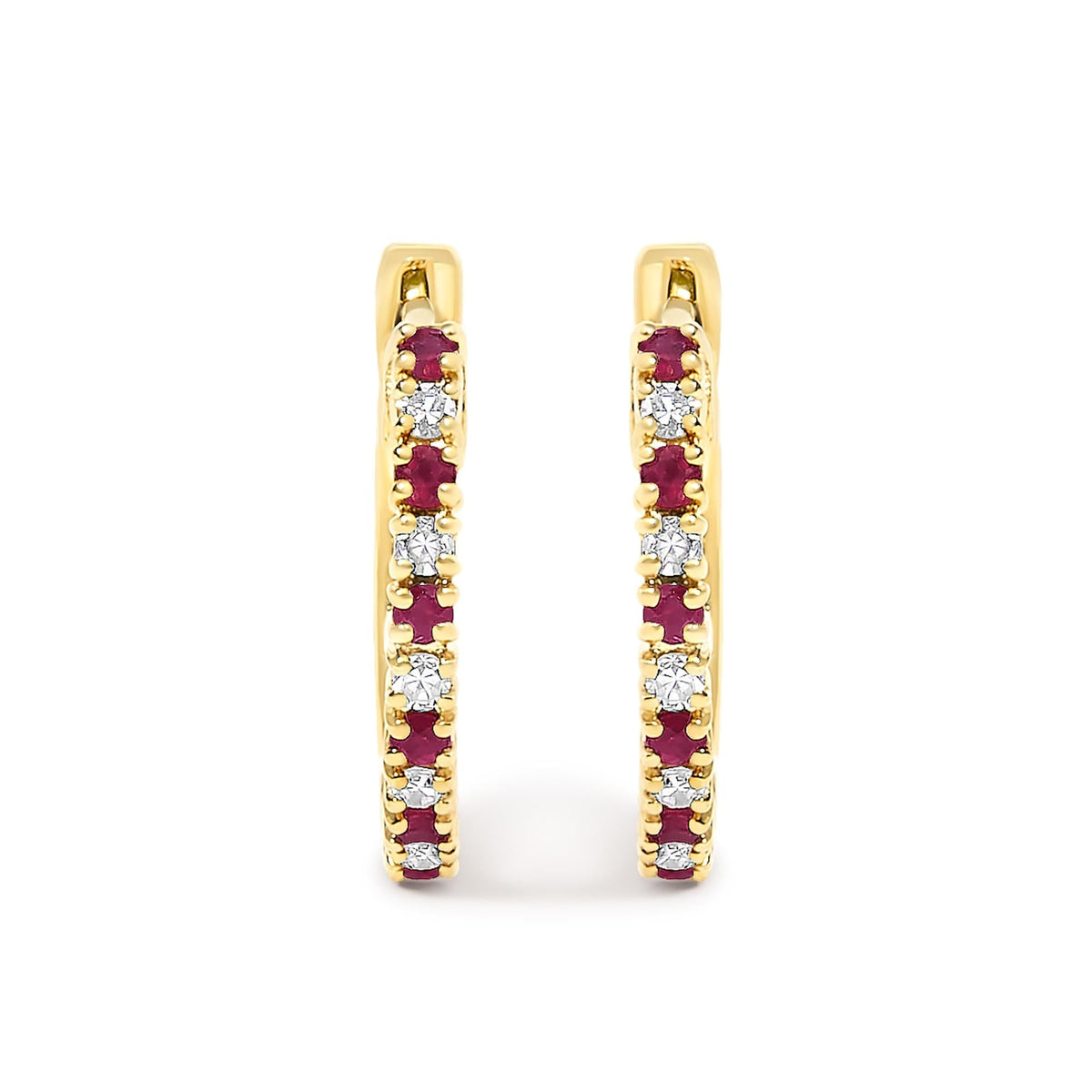 10K Gold Alternating Diamond and Red Ruby Huggy Hoop Earrings