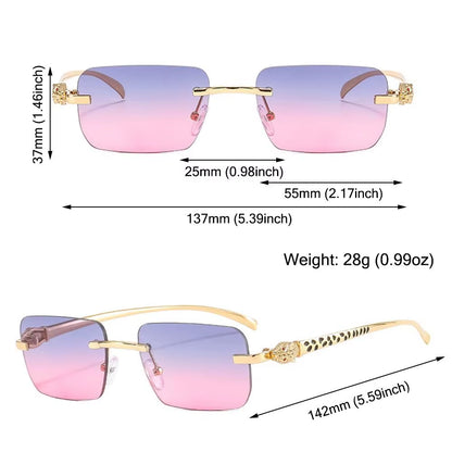 Gradient Leopard Head Decorated Sunglasses Rimless Rectangular Sun Glasses for Women Street Shooting Eyewear UV Protection