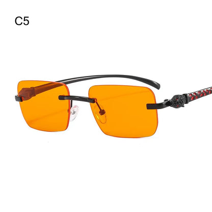 Gradient Leopard Head Decorated Sunglasses Rimless Rectangular Sun Glasses for Women Street Shooting Eyewear UV Protection