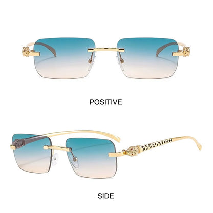Gradient Leopard Head Decorated Sunglasses Rimless Rectangular Sun Glasses for Women Street Shooting Eyewear UV Protection
