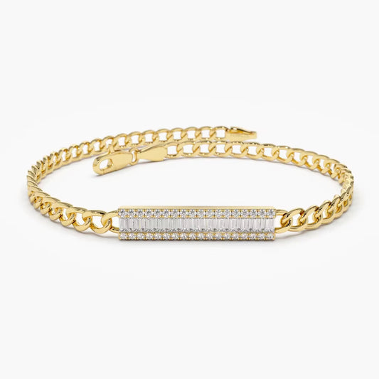 "925 Sterling Silver Moissanite Bracelet 1.96Ct Baguette and round Cut 14K Gold Plated Curb Link Chain Jewelry for Women"
