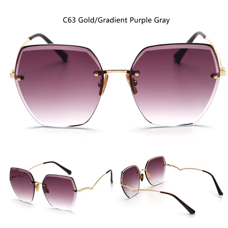 Vintage Rimless Cut Edge Sunglasses Brand Designer Luxury Black Shades Metal Frame Big Gradient Square Sunglasses UV400 Oculos