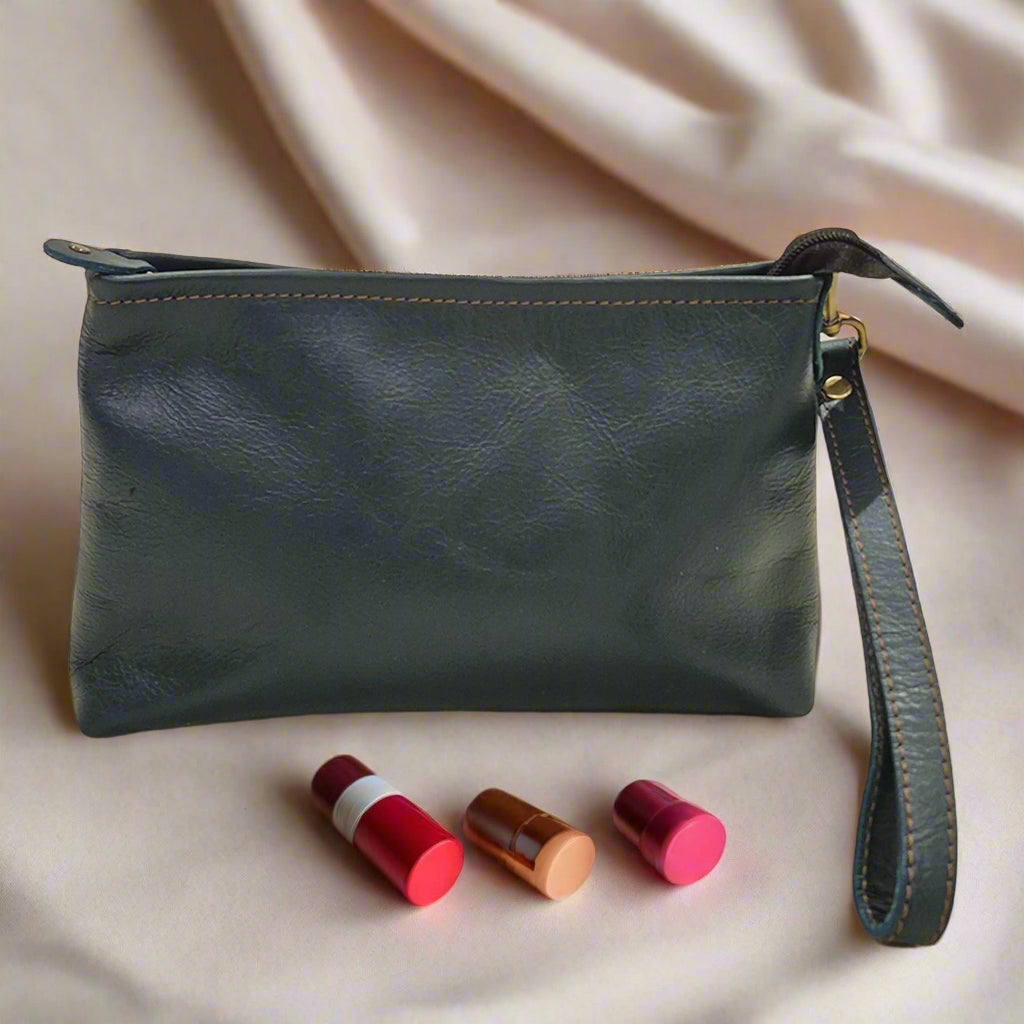 Leather Makeup Pouch, Bottle Green