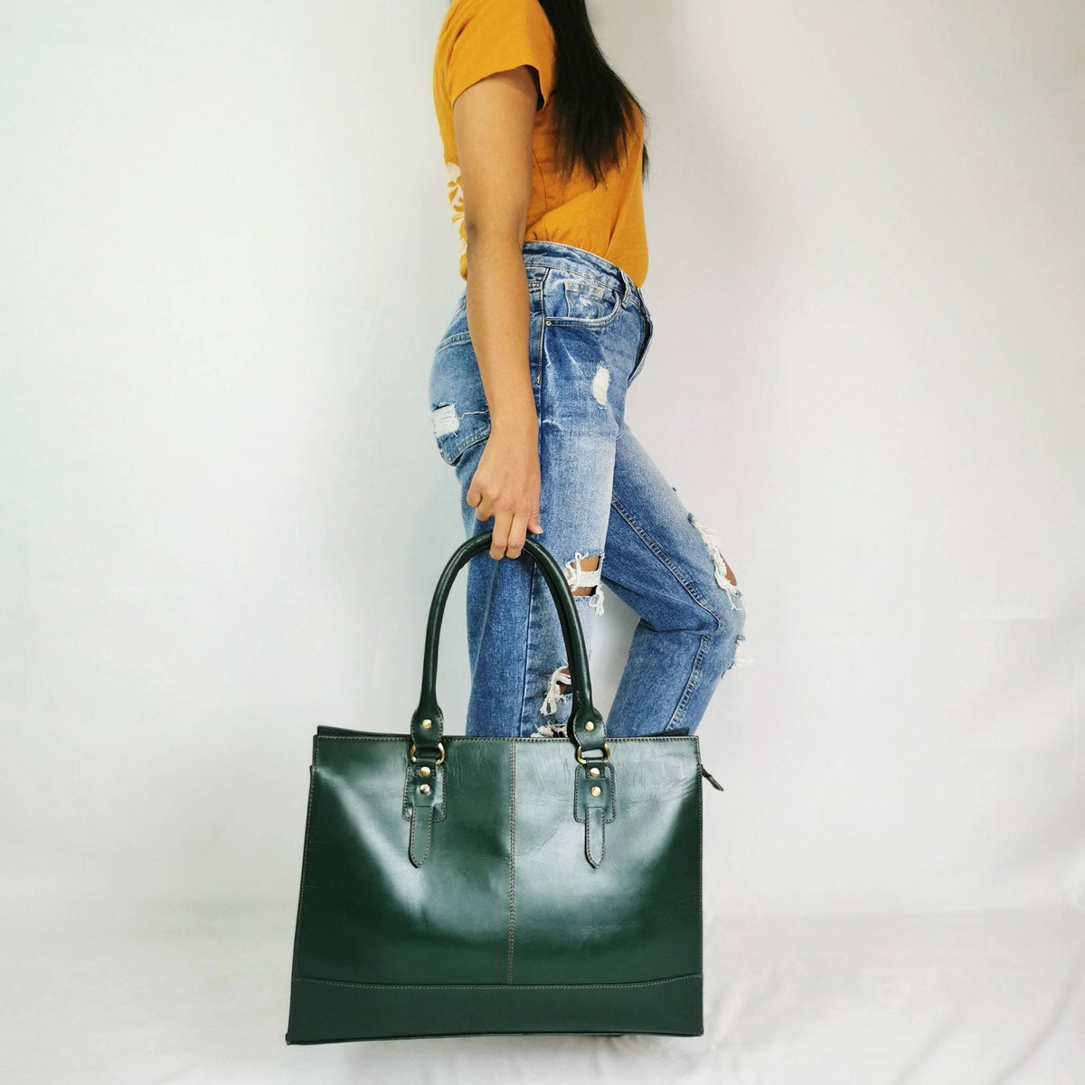 The Signature 17" Leather Laptop Bag, Bottle Green