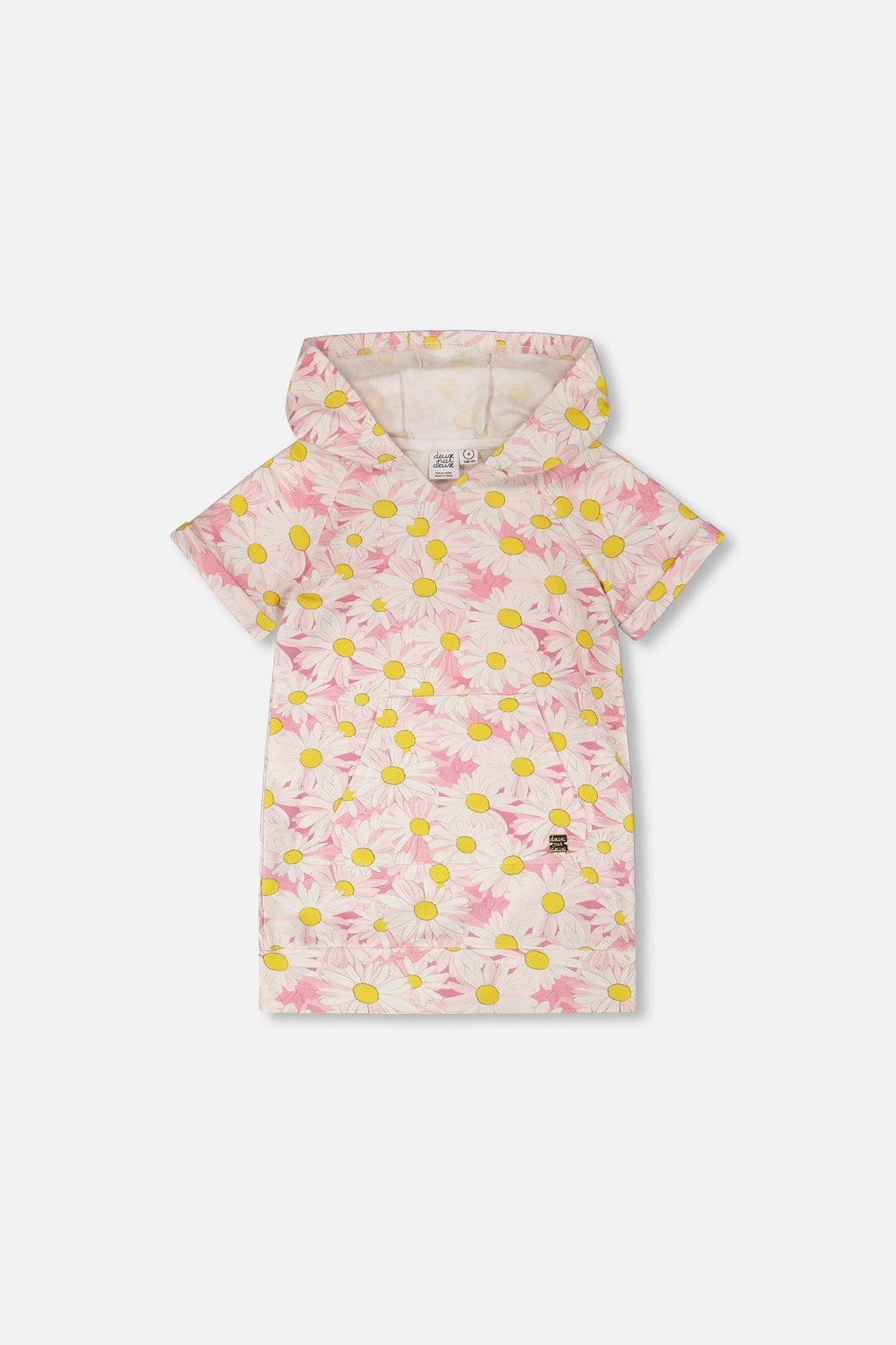 French Terry Hooded Dress Pink Printed Daisies-0