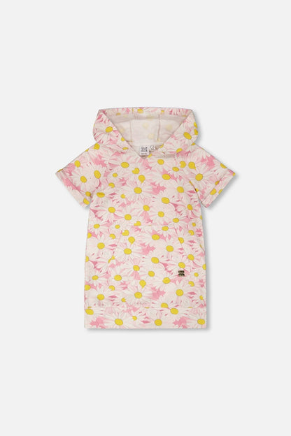 French Terry Hooded Dress Pink Printed Daisies-0