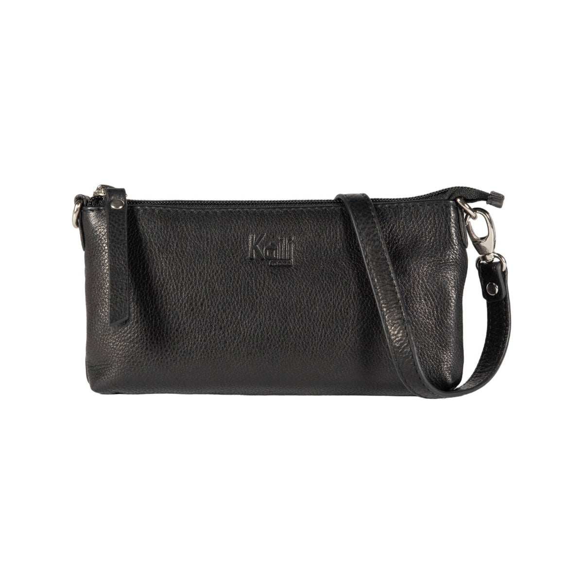 K0013AB | Women's strap in genuine full-grain leather, with light grain. Removable shoulder strap. Polished Nickel hardware. Black color. Dimensions: 20 x 10.5 x 2 cm. Packaging: Tnt bag