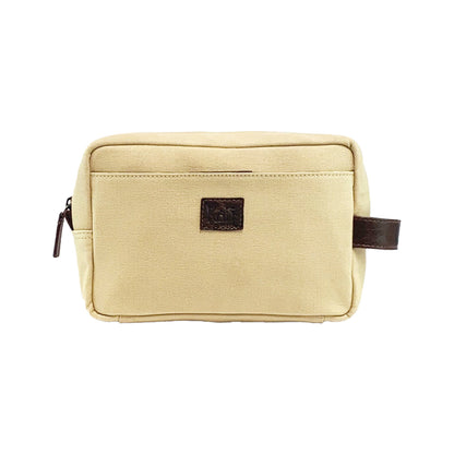K0014GB | Canvas/Vera full-grain leather beauty case, foxed. Rope/Brown head color. Side handle. Zipper closure. Dimensions: 24 x 15 x 9 cm. Packaging: Tnt bag.