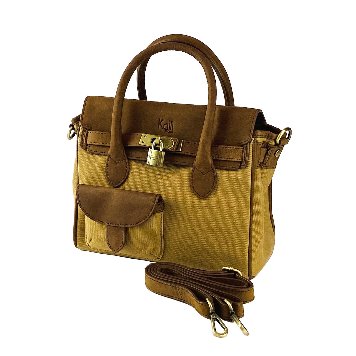 K0042BACB | Canvas/Vera Leather Mini Hand Bag Made in Italy. Removable shoulder strap. Antique Brass metal snap hook attachments - Hazelnut color - Dimensions: 24 x 20 x 12 cm.