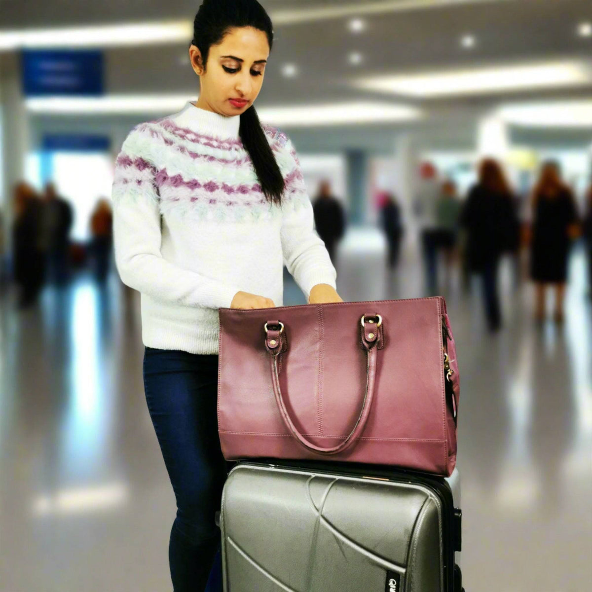 The Signature 17" Leather Laptop Bag, Purple-1
