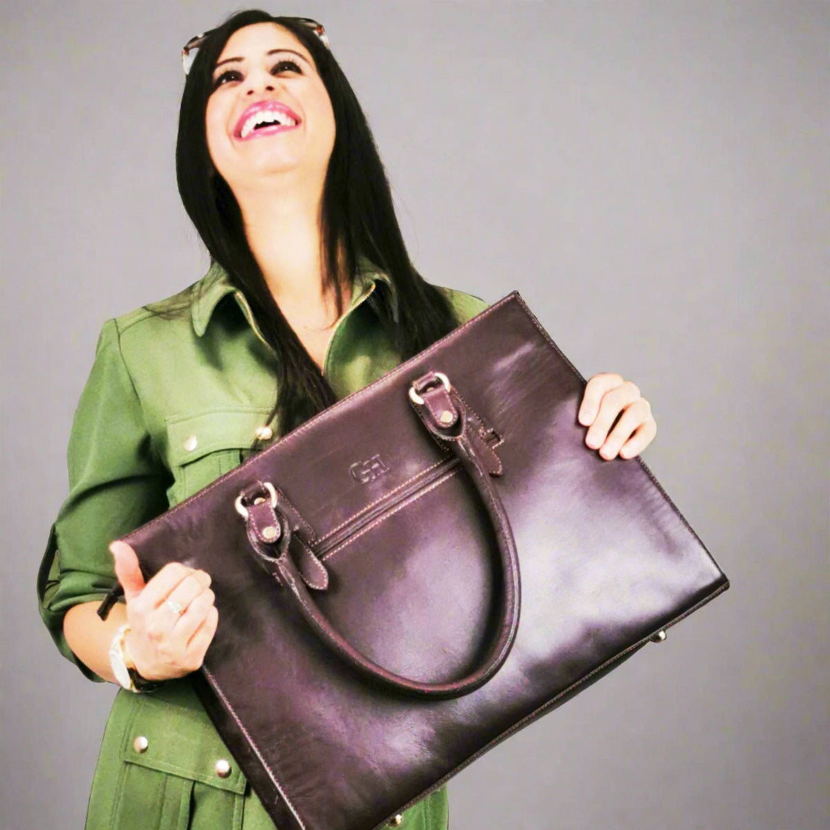 The Signature 17" Leather Laptop Bag, Purple-2