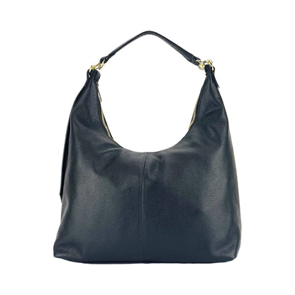 RB1017A | Women's Soft Shoulder Bag in Genuine Leather Made in Italy with a single handle and removable shoulder strap. Attachments with shiny gold metal snap hooks - Color: Black - Dimensions: 36 x 40 x 13 cm